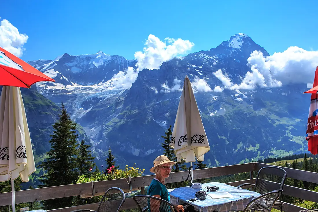 A day in the Grindelwald area - up to First & Bachsee - Sanne at Waldspitz overlooking Fiescherhorn and Eiger Nordwand (10955568203)