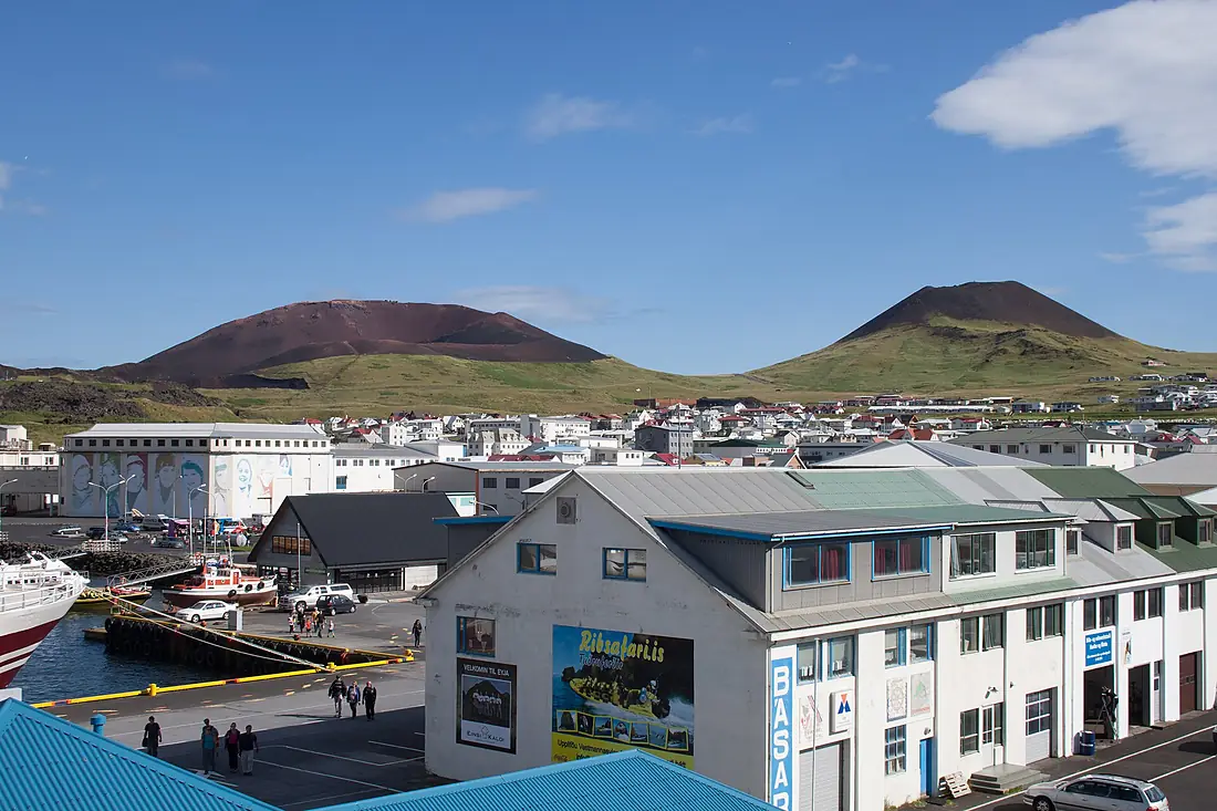 Vestmannaeyjar, Eldfell and Helgafell from the industrial district