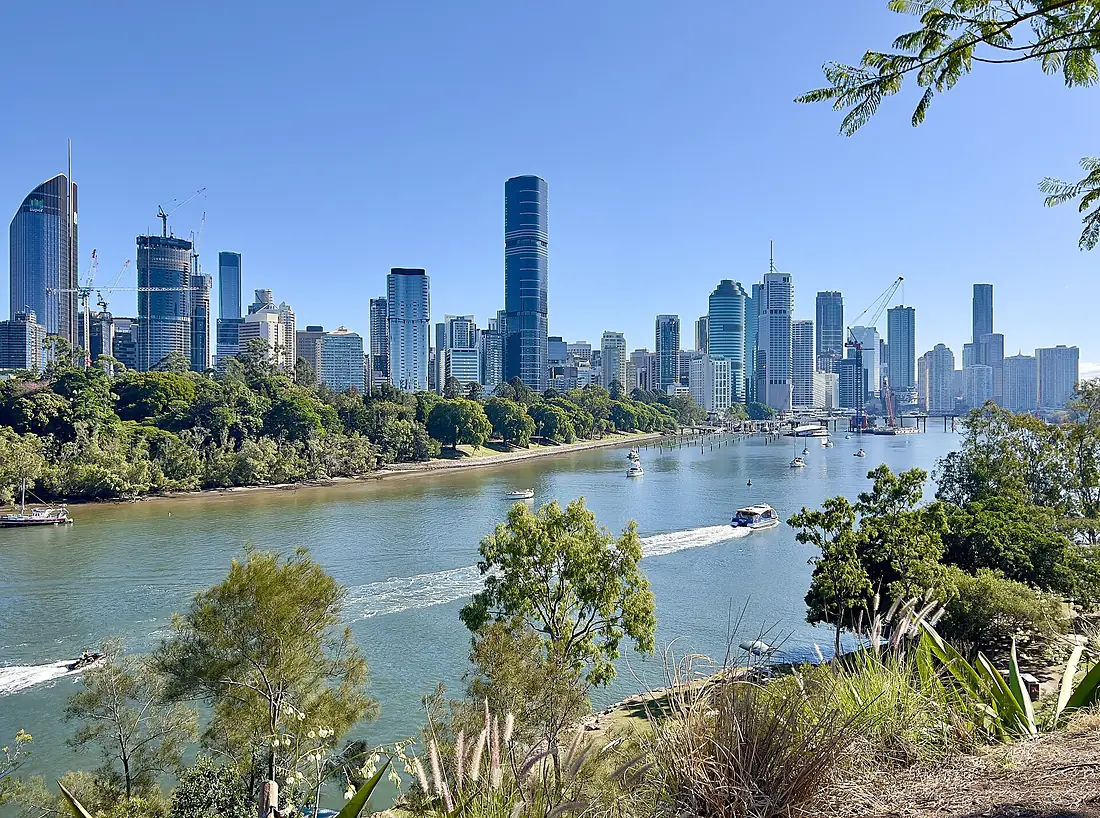 Brisbane CBD seen from Kangaroo Point cliffs, Queensland, June 2023
