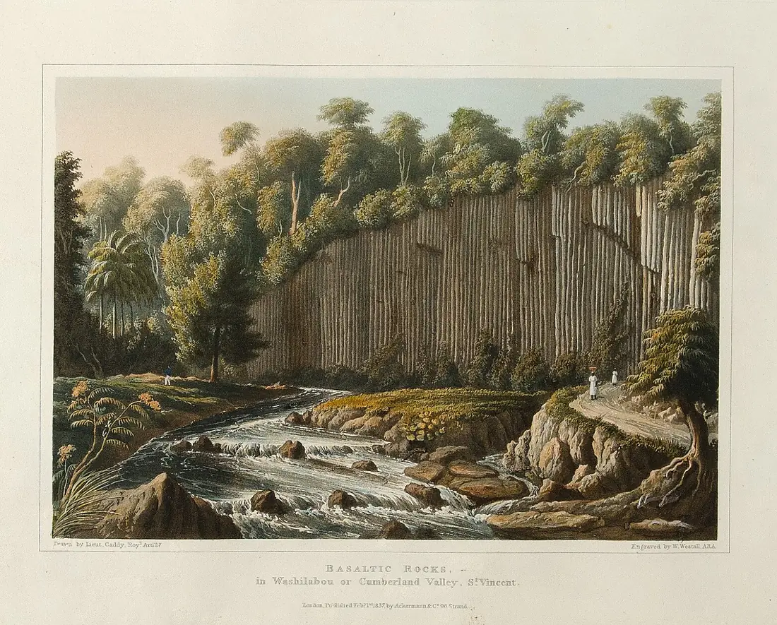 Basaltic Rocks in Washilabou or Cumberland Valley, St. Vincent. Engraved by W. Westall