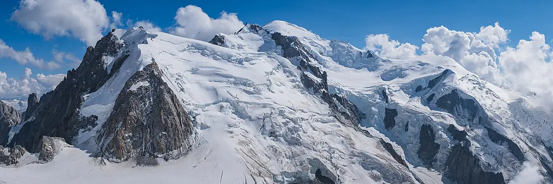 Panorama of Mont Blanc du Tacul, Mont Maudit and Mont Blanc from Aiguille du Midi, Chamonix, Haute-Savoie