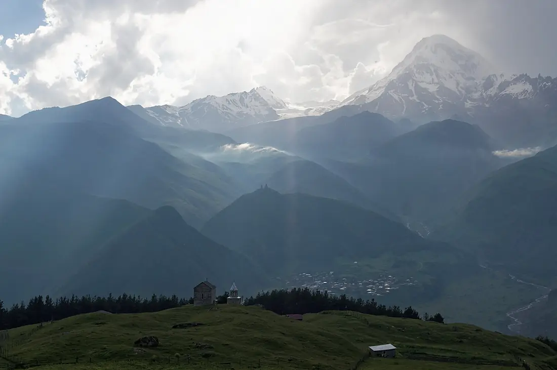 "Kazbegi", Panoramic view of Mount Kazbek range, Caucasus, Georgia