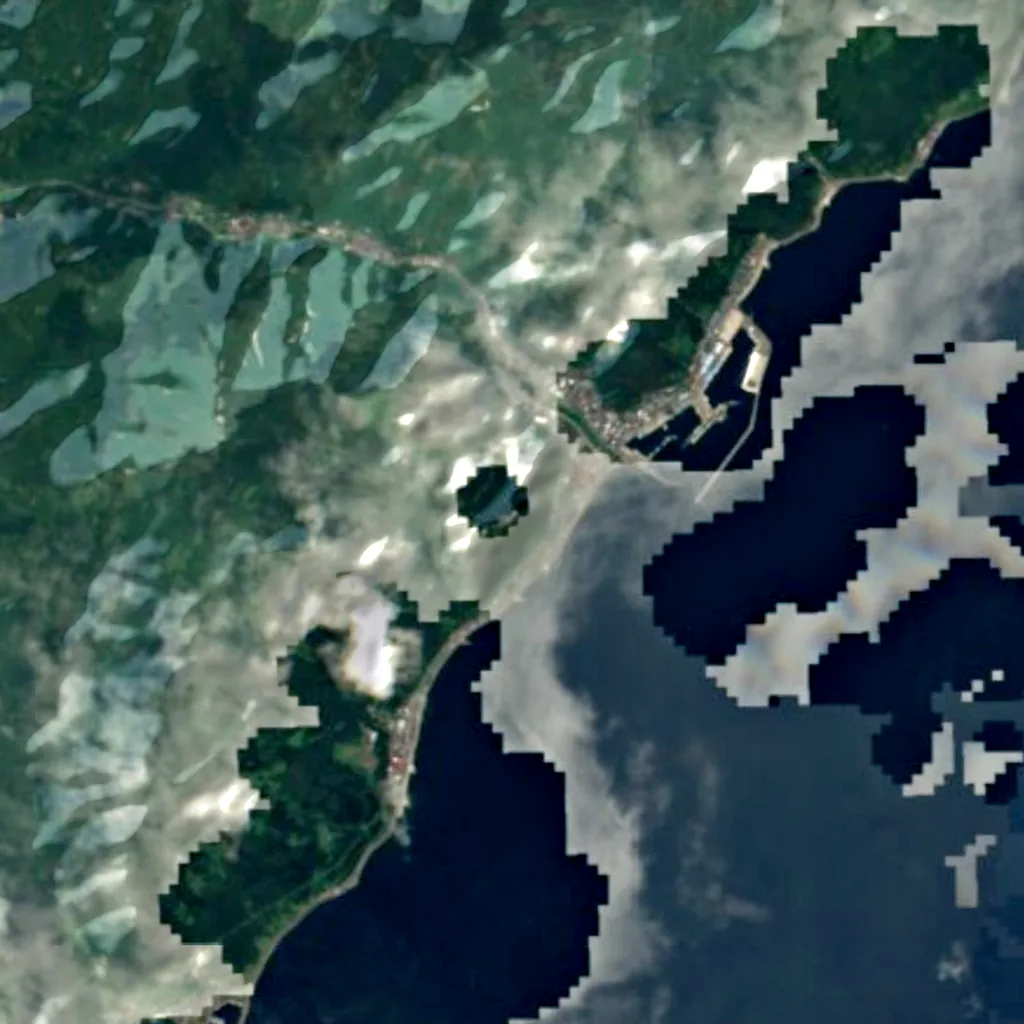Rausu Kunashiri Observation Tower seen from above (Sentinel-2)