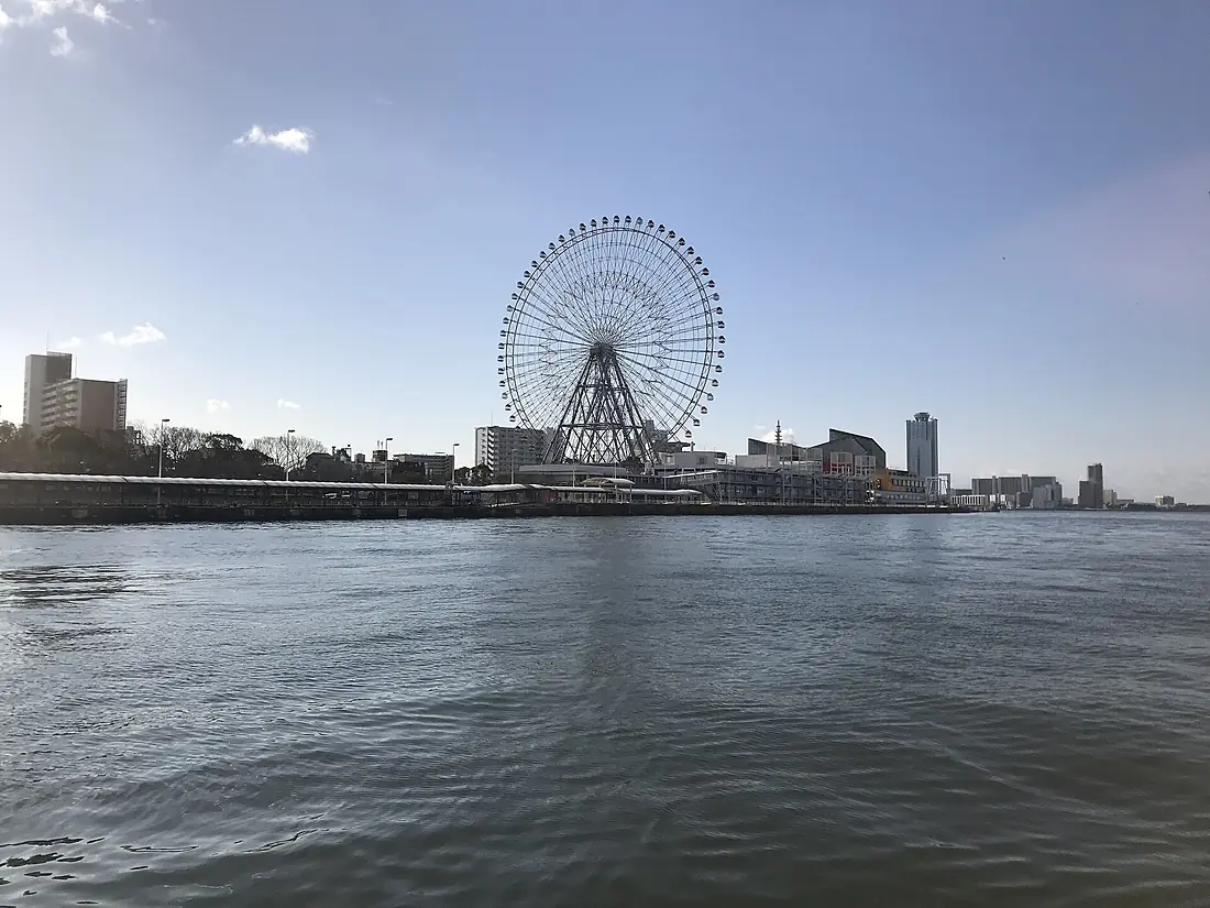 Ajigawa River and grand ferris wheel of Tempozan Harbor Village from Tempozan Ferry 2